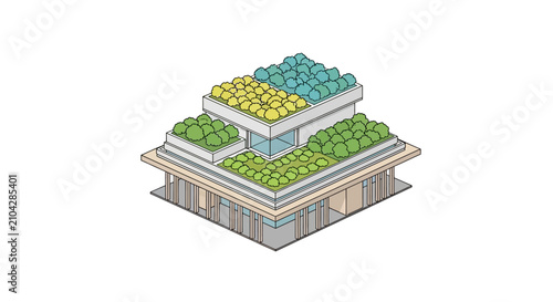 Isometric illustration of a modern eco friendly building with rooftop gardens and vegetation.