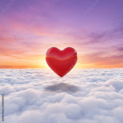 Floating Red Heart Above Clouds at Sunset Sky