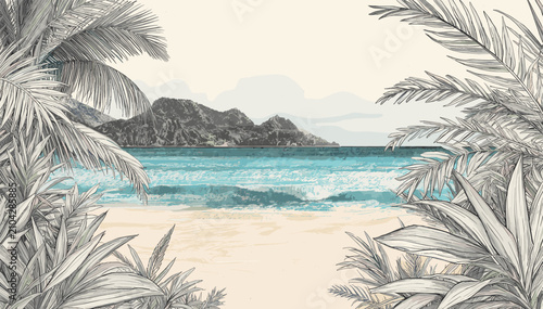 Foto A serene tropical beach scene framed by lush palm fronds, with turquoise waves gently lapping the shore and a distant mountainous island under a soft sky