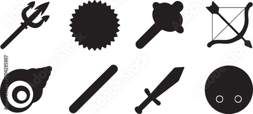 Fotografi Historical weaponry and ancient artifact collection featuring trident saw blade mace bow arrow seashell stone sword round relic item