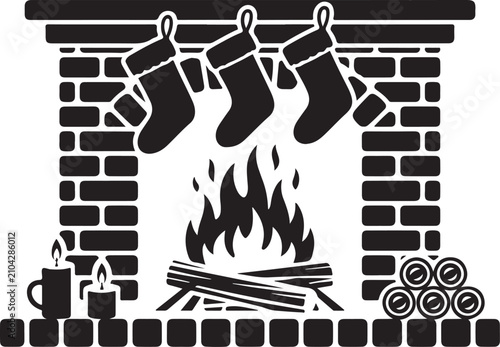 Konstfotografi Classic brick fireplace scene containing crackling fire burning logs christmas stockings and candles on mantle hearth space