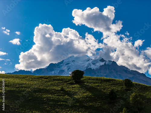 Foto dAerial view of Genie Holy Mountain, lone tree and alpine flower meadow under bl