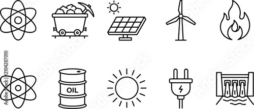 Billede på lærred Set of outline energy icons including nuclear atom coal wagon solar panels wind turbine flame oil barrel and dam