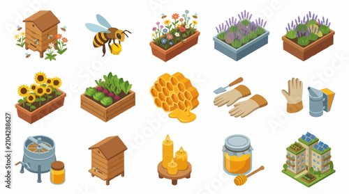 Fotografie Colorful Beekeeping and Gardening Flat Design Icons.