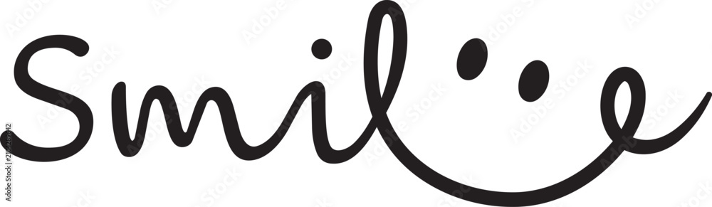 Fototapeta premium Handwritten Smile word with a cheerful smiley face a minimalist black and white vector illustration for positive messaging and branding