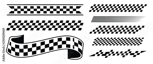 Checkered flag border featuring seamless racing grid, finish line stripe, rally banner, speed pattern, and black white vector illustration