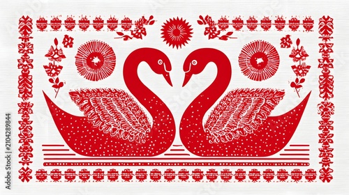 Red folk art paper cutting design with two symmetrical swans facing each other within an ornate border framework.