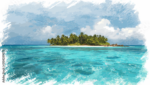 фотографія A vibrant watercolor painting captures a lush, tropical island paradise surrounded by crystal-clear turquoise ocean waters under a partly cloudy sky