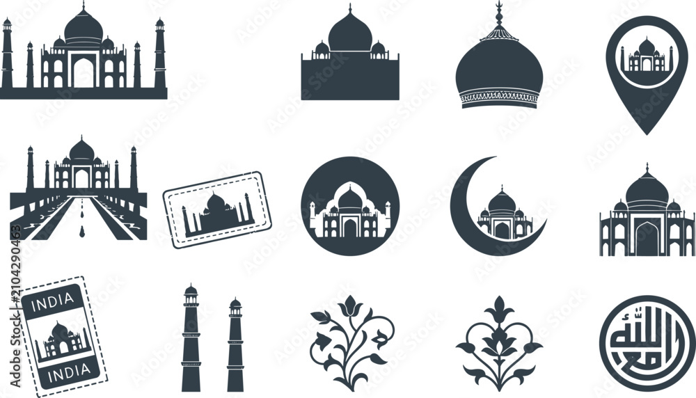 Naklejka premium Taj Mahal Landmark Icon Collection with Indian Monument Silhouettes, Mughal Architecture, Travel Symbols, Decorative Elements, and Tourism Vector Set
