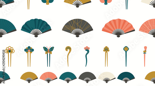 Seamless pattern with traditional japanese folding fans and hair pins
