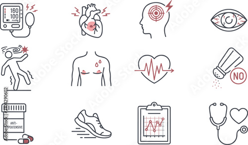 Foto Hypertension and Cardiovascular Health Medical Icon Collection with Blood Pressu