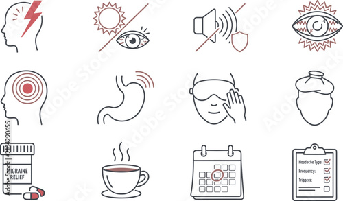 Migraine Awareness and Headache Management Medical Icon Collection with Pain Triggers, Light Sensitivity, Nausea, Relief, and Neurology Healthcare Vector Set