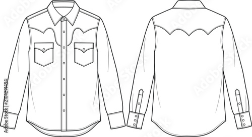 Obraz na płótnie Men western shirt with snap buttons chest pockets and yokes technical flat fashi