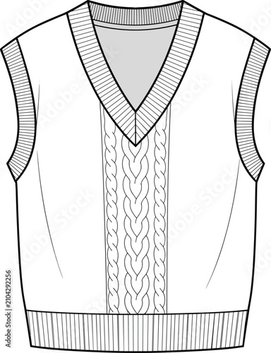 Sleeveless V-neck cable knit sweater vest technical flat fashion sketch front view vector illustration template