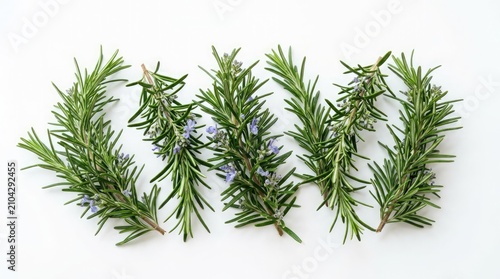 Five sprigs of fresh rosemary with tiny blue flowers arranged on a white background. These aromatic herbs are perfect for culinary use, adding flavor to dishes and enhancing the cooking experience