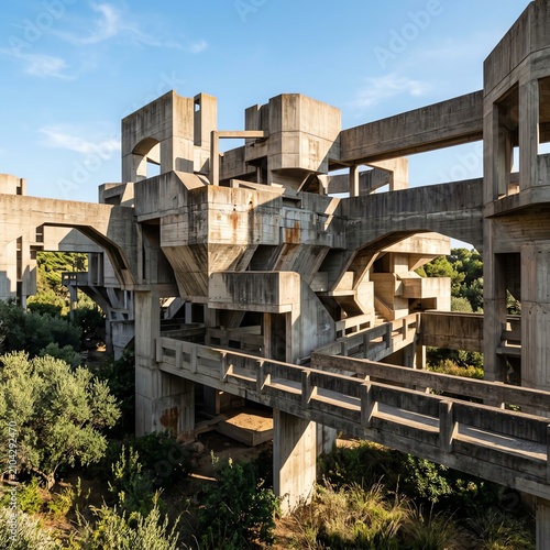Brutalist Architecture Complex, Concrete Structure, Overgrown Vegetation, Sunny Day
