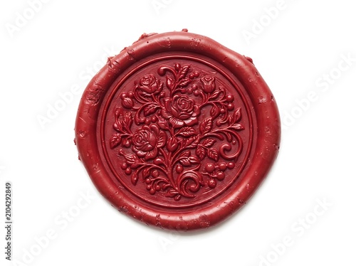 Intricate red wax seal featuring a detailed rose floral pattern isolated on a white background
