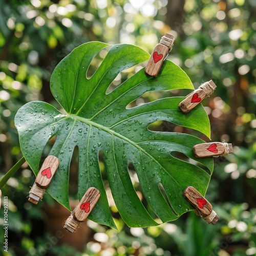 Heart Decorated Clothespins on a Monstera Leaf with Water Droplets