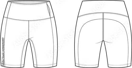 Women high waisted biker shorts activewear technical flat fashion sketch front and back vector illustration template