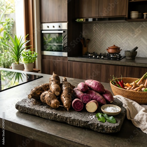 Fresh Root Vegetables on Stone Slab in Modern Kitchen