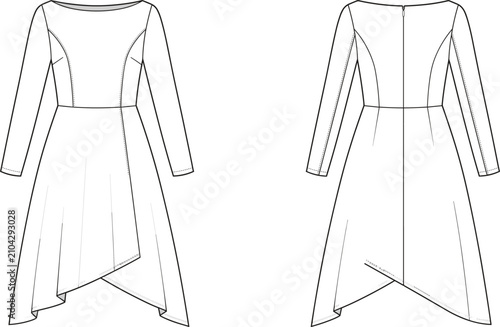 Schilderij op canvas Women long sleeve boat neck dress with asymmetrical hem technical flat fashion s