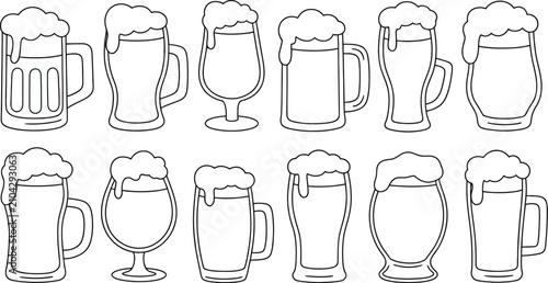 Konstfotografi Beer glass outline vector set featuring diverse lager mugs, pint glasses, tulip goblets, and traditional pub tankards with foam