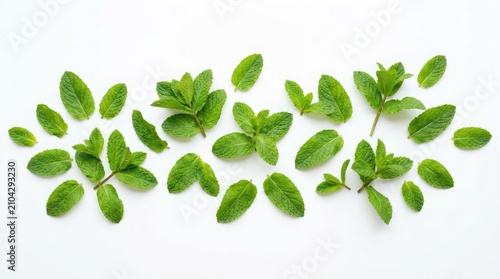 A fresh collection of mint leaves and sprigs arranged artfully. The vibrant green leaves are scattered and clustered, suggesting freshness and flavor