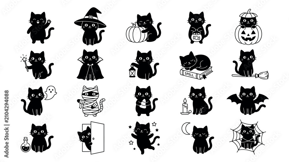 Obraz premium Mummy Wrap Black Cat Costume Vector Illustration Silhouette Set with Pumpkin Bat Wing and Spider Web Design