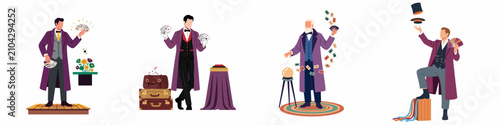 Foto Set of Flat Vector Illustrations Featuring Magicians Performing Various Classic Magic Tricks with Cards, Hats, Rabbits, and Crystal Balls on Stage