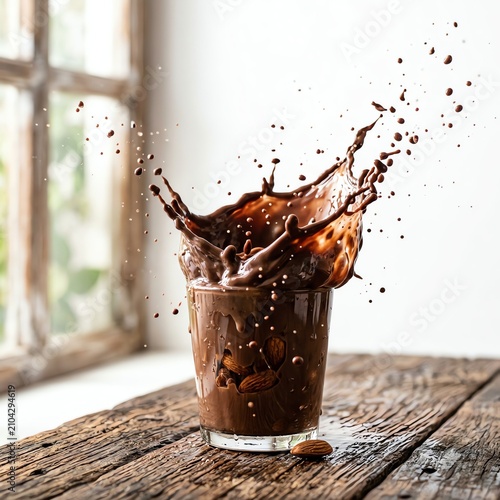 Chocolate Splash In Glass With Almonds On Wooden Table