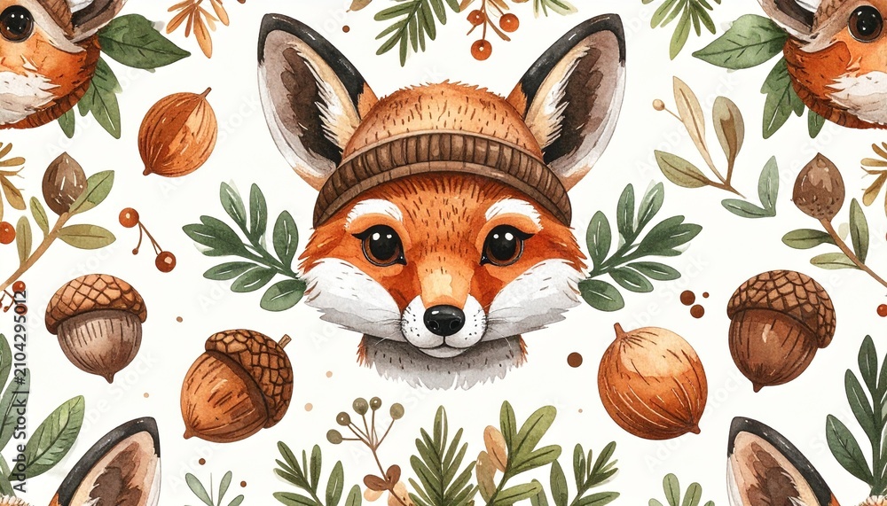 Fototapeta premium Cute cartoon fox head seamless pattern for autumn designs. Whimsical woodland animal print with acorns and pine sprigs for fall decor.