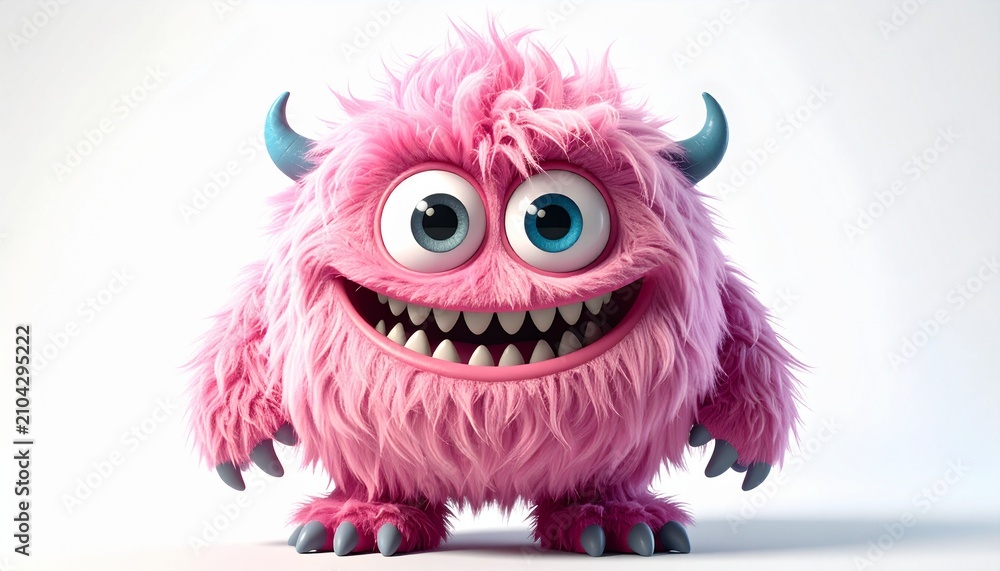 Obraz premium Fluffy pink monster character with horns smiling. Cute 3D cartoon creature mascot for kids' branding and playful designs.