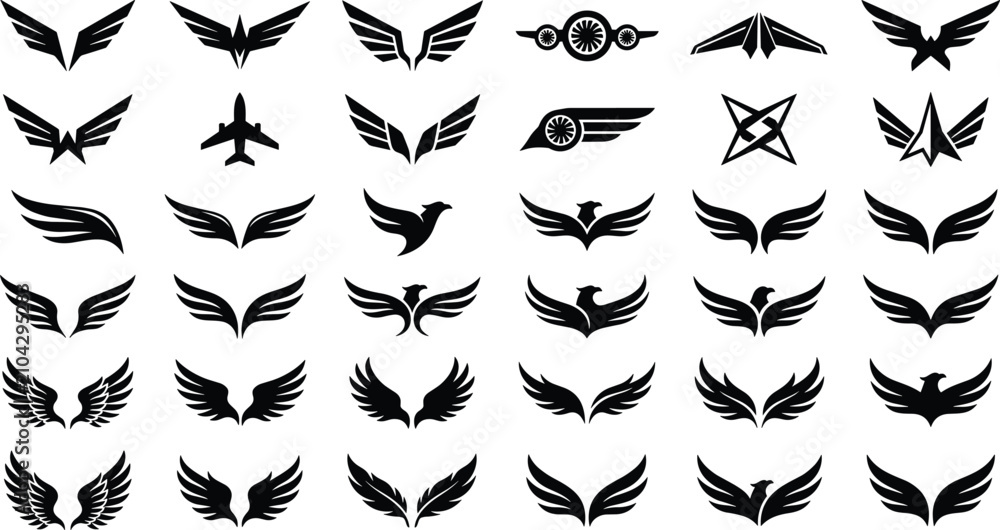 Obraz premium Collection of wings, eagle silhouettes, and aviation logos for graphic design