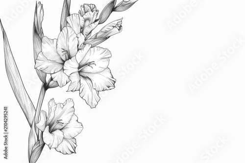 Beautiful line art illustration of a single gladiolus flower, monochrome outline illustration