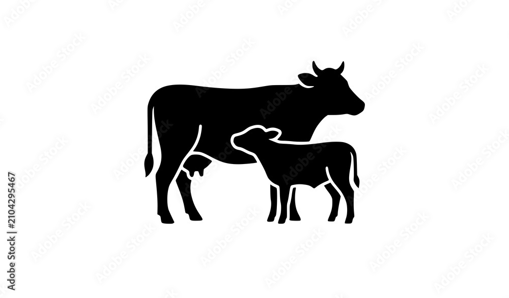 Fototapeta premium Nursing Cow and Calf Silhouette Vector Graphic for Dairy Agriculture Branding, Organic Farm Milk Logos, and Livestock Ranching Industry Designs