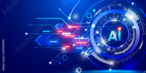 Fotografía Abstract artificial intelligence background with digital circuitry and blue neon light elements