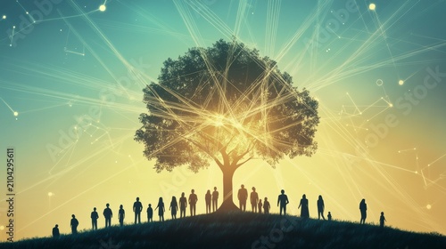 Silhouetted people stand before a glowing tree, symbolizing connection and community.