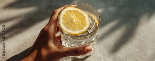 A hand is holding a glass of water with slices of fresh lime floating in it.