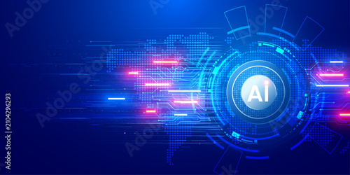 Futuristic AI button on blue glowing digital circuit background with horizontal light streaks.