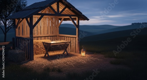 Rustic Nativity Stable at Dusk with Manger and Lantern.