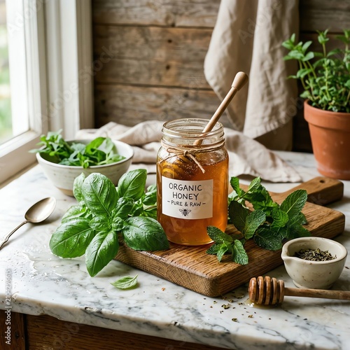 Organic Honey Jar with Herbs and Wooden Dipper on Marble Countertop