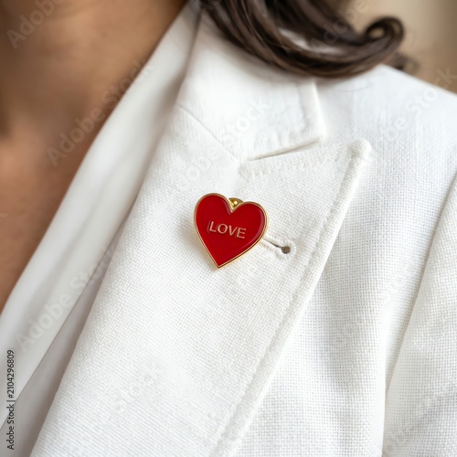 Woman wearing a white blazer with a red heart-shaped 