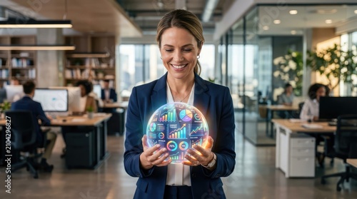 Businesswoman Holding Glowing Data Analytics Crystal Ball