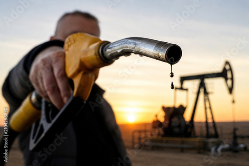 Fuel nozzle with the last drops of oil and oil extraction pump, concept of global oil shortage, decreasing crude oil reserves, energy crisis, fuel shortage, rising prices and supply uncertainty.