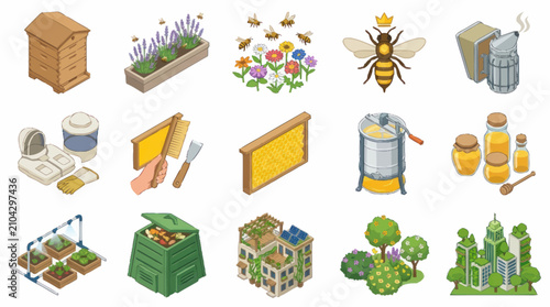 Foto Colorful illustration of beekeeping and honey production elements