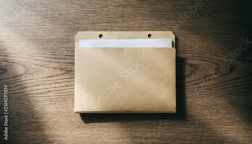 Blank Brown Paper Envelope With White Paper Inserted On A Dark Wooden Surface Tabletop View