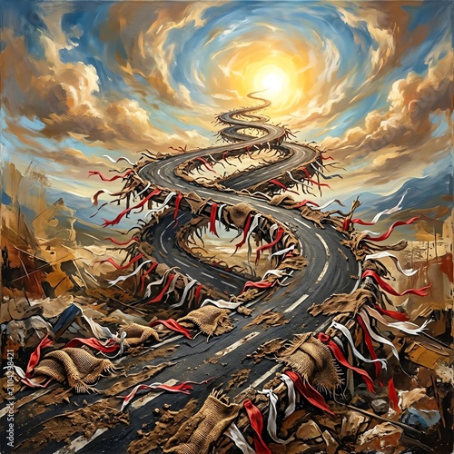 Surreal Winding Road Through Rubble to Bright Sun, Symbolizing Hope and Perseverance