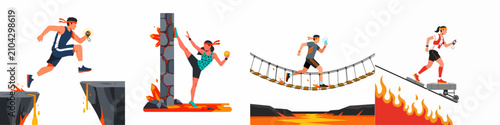 Foto Flat vector illustration set showing athletes overcoming extreme obstacles like lava, fire pits, and cliff jumps in a challenging competition