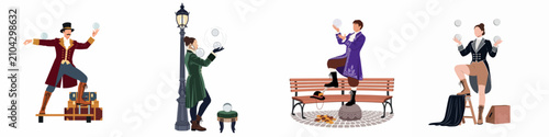 Fotografía Collection of four vintage-style street performers and contact jugglers in historical costumes manipulating glass spheres, isolated on a white background