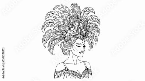 Tableau sur toile Elegant Woman with Elaborate Feather Headdress, Vintage Style Illustration